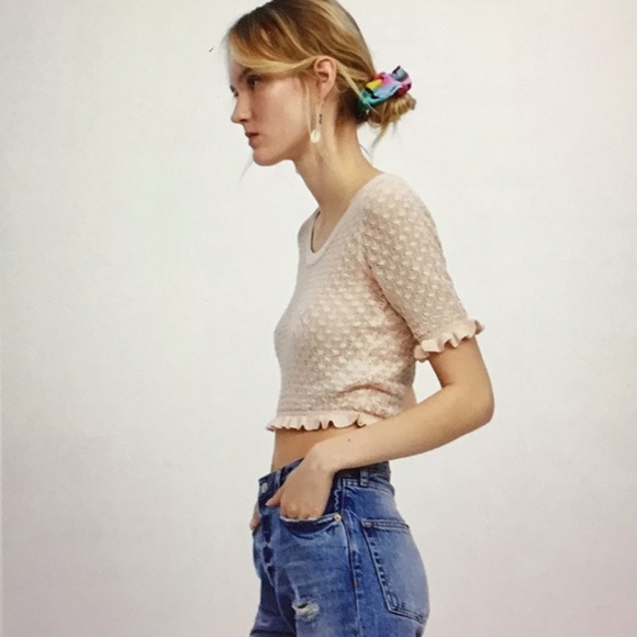 ZARA Textured Crop Ruffle Short Sleeve Sweater Top in Blush Pink sz S - EUC - Picture 3 of 11